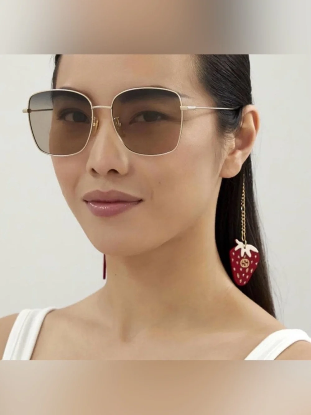 Gucci Oversized Square Gold Metal Sunglasses Strawberry Charms $625 GG1030SK